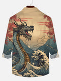 Ancient Painting Ukiyo-E Wind Turbulent Sea Waves Domineering Dragon Printing Long Sleeve Shirt