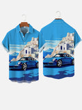 Hawaiian Fantasy Blue Classic Car And Seaside Towns Printing Short Sleeve Shirt