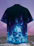 Eye-Catching Skeleton Roaring With Ferocious Face In Blue Flames Printing Cuban Collar Hawaiian Short Sleeve Shirt