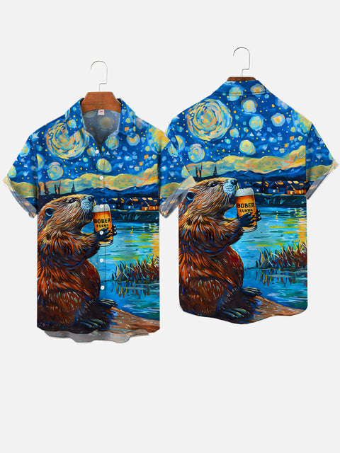 Classic Painting Starry Sky Village And Beer Woodchuck Printing Short Sleeve Shirt