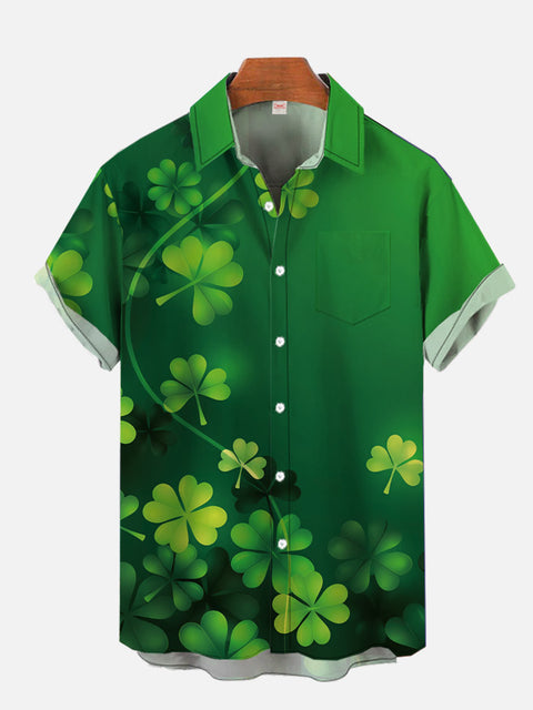 Casual Gradient Green St. Patrick's Day Shamrock Printing Breast Pocket Short Sleeve Shirt