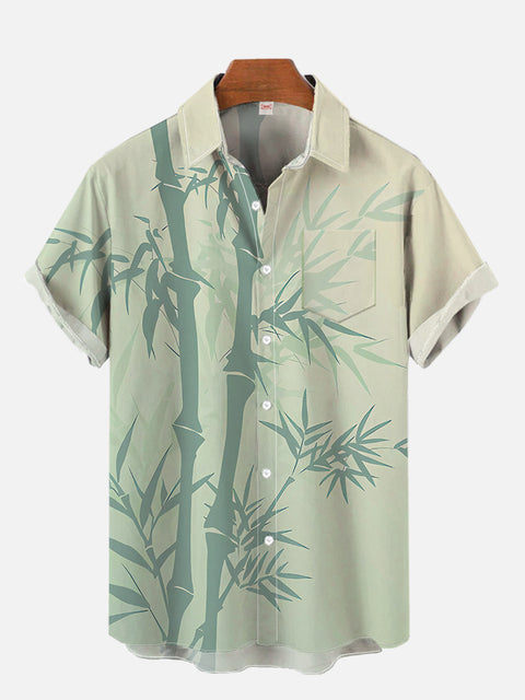 Mysterious Oriental Ink Painting Green Bamboos Printing Breast Pocket Short Sleeve Shirt