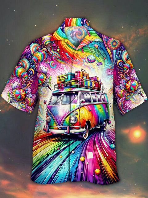 Eye-Catching Rainbow Psychedelic Bus And Balloons Printing Cuban Collar Hawaiian Short Sleeve Shirt
