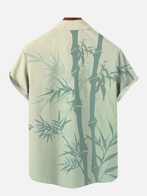 Mysterious Oriental Ink Painting Green Bamboos Printing Breast Pocket Short Sleeve Shirt