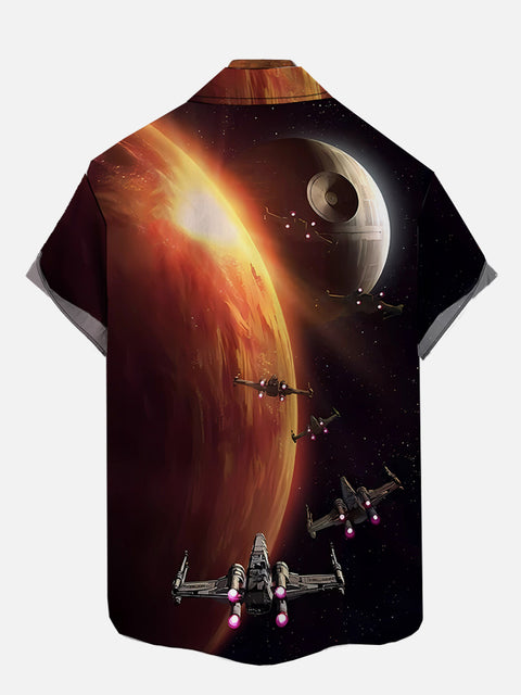 Sci-Fi Space Glowing Planet And Space Fleet Printing Breast Pocket Short Sleeve Shirt