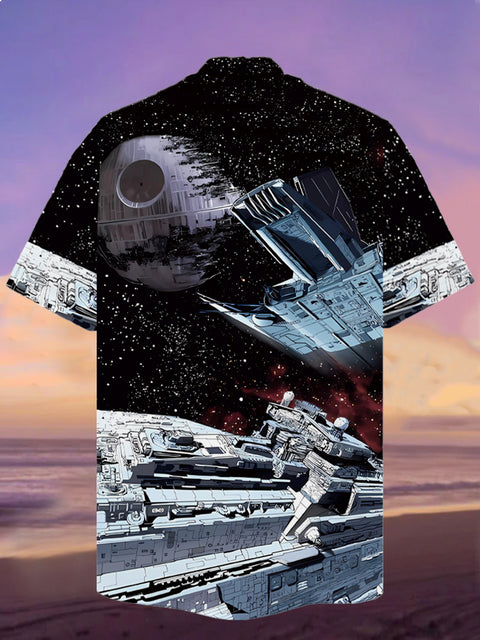 Eye-Catching Space War Star Universe Spaceship And Sci-Fi Planet Printing Cuban Collar Hawaiian Short Sleeve Shirt