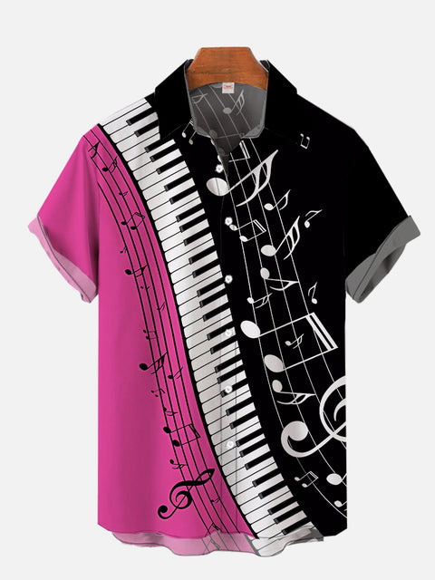 Playing Piano Keys Musical Notes Flow Out Pink And Black Color Block Printing Short Sleeve Shirt