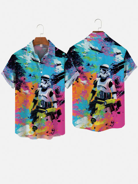 Abstract Rainbow Painted Doodle Sci-Fi Space Samurai Printing Short Sleeve Shirt