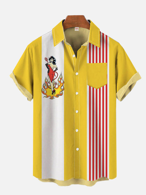 Retro 50s Yellow And White Stitching Stripes And And Flame Witch Printing Breast Pocket Short Sleeve Shirt