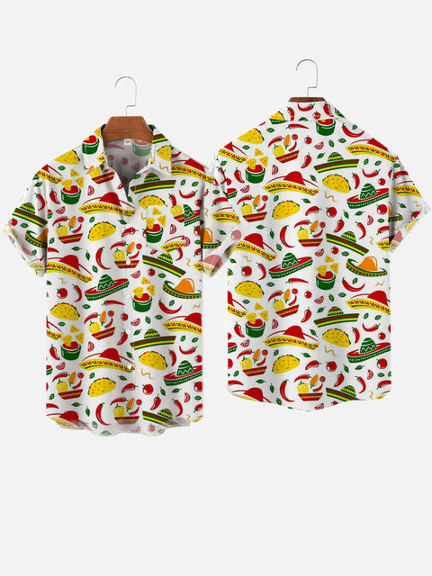 Cinco De Mayo Tacos Mexican Peppers Printing Breast Pocket Short Sleeve Shirt