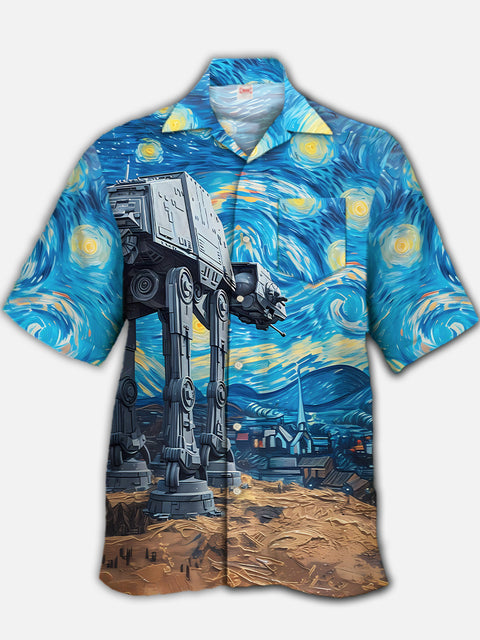 Eye-Catching Sci-Fi Classic Painting Starry Sky And Armed Walker Printing Cuban Collar Hawaiian Short Sleeve Shirt