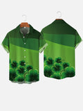 Gradient Green St. Patrick'S Day Gold-Edged Four-Leaf Clovers Printing Breast Pocket Short Sleeve Shirt