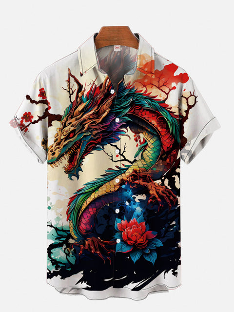 Full Color Ink Splashing Giant Dragon Printing Short Sleeve Shirt