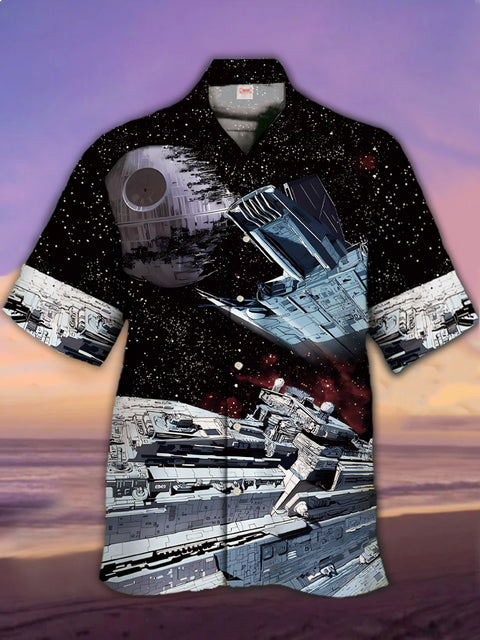 Eye-Catching Space War Star Universe Spaceship And Sci-Fi Planet Printing Cuban Collar Hawaiian Short Sleeve Shirt
