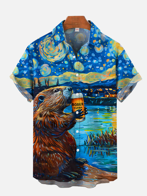 Classic Painting Starry Sky Village And Beer Woodchuck Printing Short Sleeve Shirt