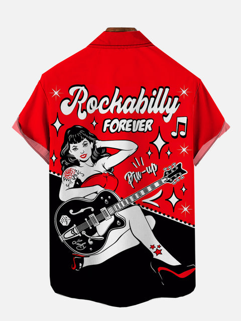 Vintage Pin Up Art Beauty Guitarist Rockabilly Forever Printing Short Sleeve Shirt