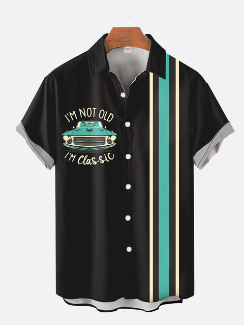 50S Black Striped And Classic Car Printing Short Sleeve Shirt