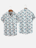 Retro Light Blue Geometric Chain And Square Printing Breast Pocket Short Sleeve Shirt