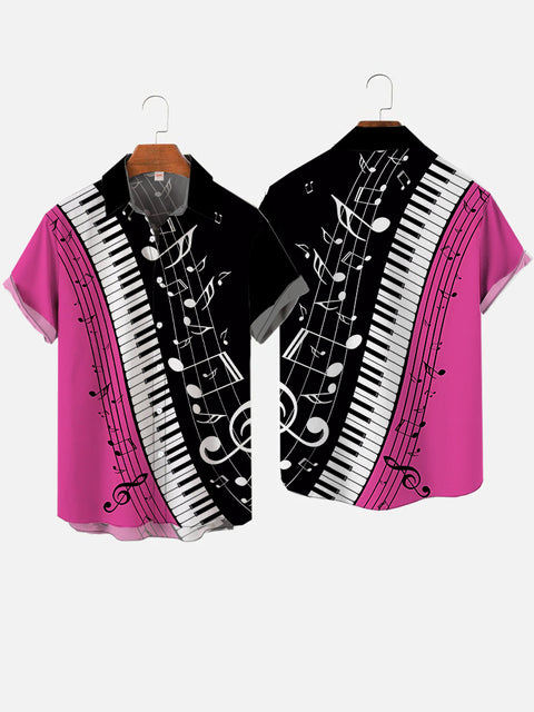 Playing Piano Keys Musical Notes Flow Out Pink And Black Color Block Printing Short Sleeve Shirt