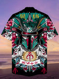 Eye-Catching Ukiyo-E Samurai Art Brightly Colored Samurai Helmet Printing Cuban Collar Hawaiian Short Sleeve Shirt