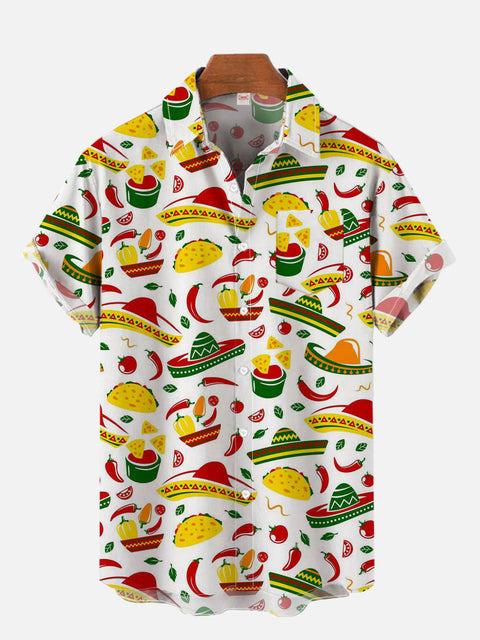 Cinco De Mayo Tacos Mexican Peppers Printing Breast Pocket Short Sleeve Shirt