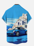 Hawaiian Fantasy Blue Classic Car And Seaside Towns Printing Short Sleeve Shirt