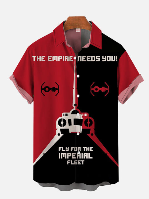 Red And Black Spliced Retro Poster Sci-Fi Spaceship Fleet Printing Short Sleeve Shirt