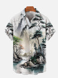 Mysterious Oriental Watercolor Landscape Ink Painting Streams And Mountains Printing Short Sleeve Shirt