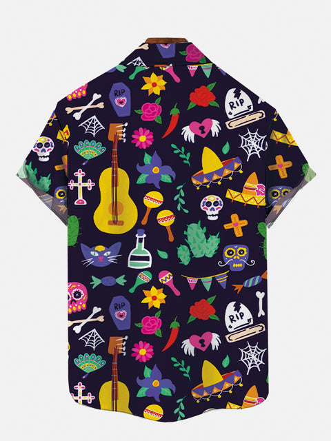 Cinco De Mayo Mexican Style Cartoon Elements Skull And Musical Instruments Printing Short Sleeve Shirt