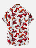 Cartoon Hand-Painted Sea Life Lobster Printing Breast Pocket Short Sleeve Shirt