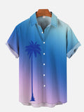 Blue Pink Gradient Thin Vertical Stripes Coconut Elements Palm Printing Short Sleeve Shirt