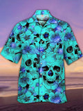 Eye-Catching Purple Psychedelic Flowers And Stacked Skulls Printing Cuban Collar Hawaiian Short Sleeve Shirt