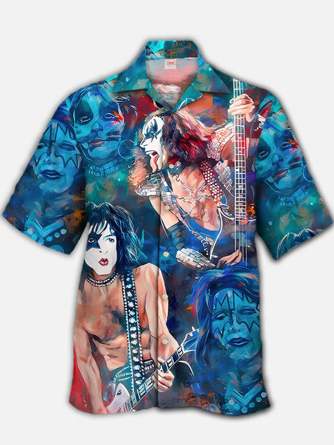 Eye-Catching Blue Stunning Style Rock Hippie Band Printing Cuban Collar Hawaiian Short Sleeve Shirt