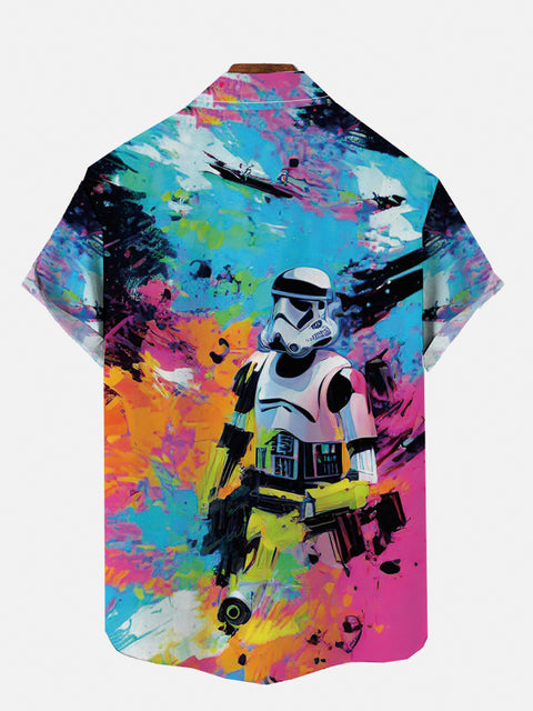 Abstract Rainbow Painted Doodle Sci-Fi Space Samurai Printing Short Sleeve Shirt