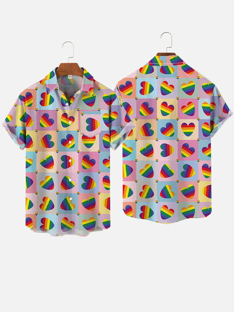 Color Block Splicing Rainbow Heart Pattern Printing Breast Pocket Short Sleeve Shirt