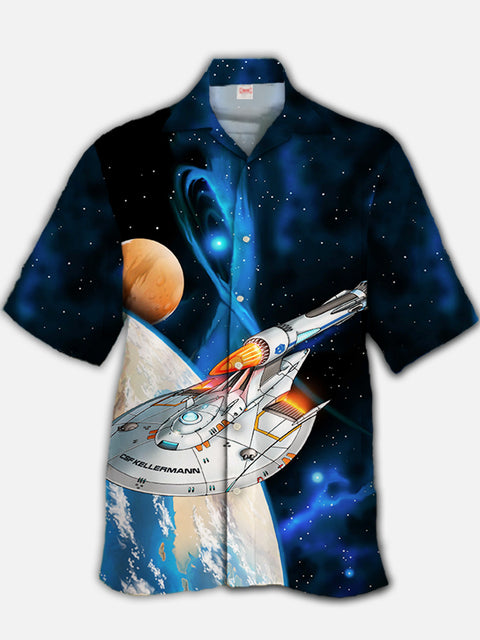 Eye-Catching Fashion Cosmic Galaxy And Starship Printing Cuban Collar Hawaiian Short Sleeve Shirt