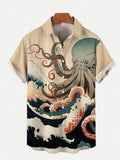 Ukiyo-e Sea Storm Giant Octopus Printing Short Sleeve Shirt