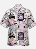 Eye-Catching Pink Cemetery Carnival Horror Movie Night Printing Cuban Collar Hawaiian Short Sleeve Shirt