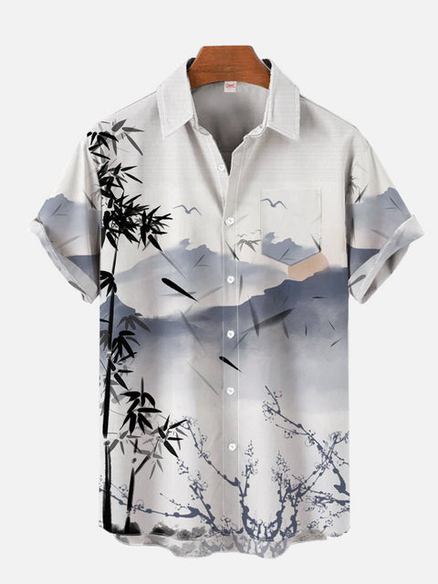 Mysterious Oriental Classic Ink Painting Bamboo Forest Plum Blossoms And Distant Mountains Printing Short Sleeve Shirt
