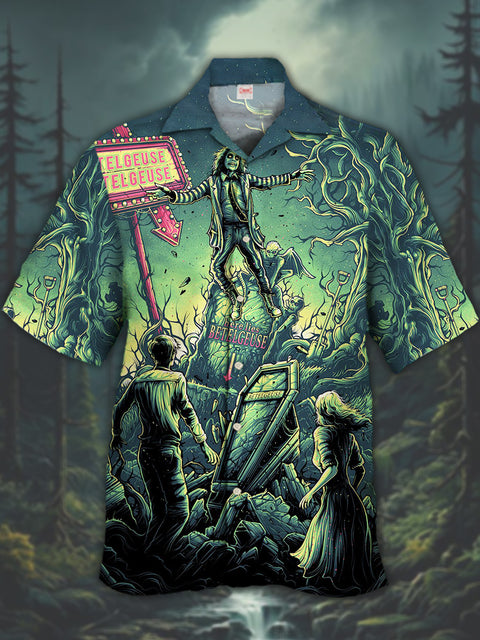 Eye-Catching Green Psychedelic Mutated Tree And Weirdo Printing Cuban Collar Hawaiian Short Sleeve Shirt