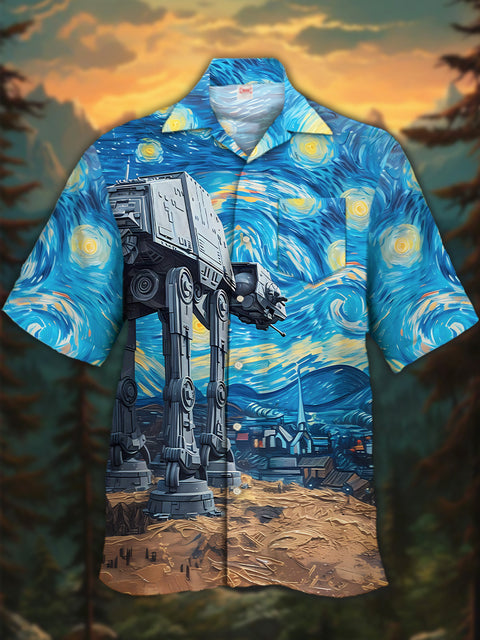Eye-Catching Sci-Fi Classic Painting Starry Sky And Armed Walker Printing Cuban Collar Hawaiian Short Sleeve Shirt