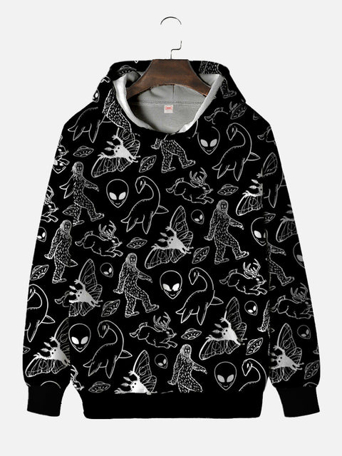 Doodle Black And White Tattoo Halloween Pattern Alien And Giant Ape Printing Hooded Sweatshirt