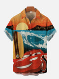 Hawaiian Style Red Racing Car And Surfboard Printing Short Sleeve Shirt
