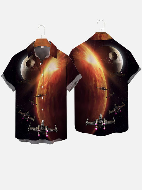 Sci-Fi Space Glowing Planet And Space Fleet Printing Breast Pocket Short Sleeve Shirt