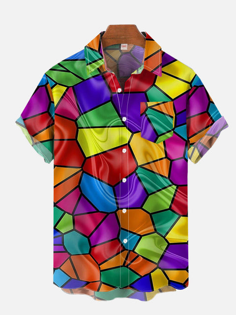 Fashion Casual Rainbow Glass Pattern Printing Breast Pocket Short Sleeve Shirt