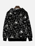 Doodle Black And White Tattoo Halloween Pattern Alien And Giant Ape Printing Hooded Sweatshirt