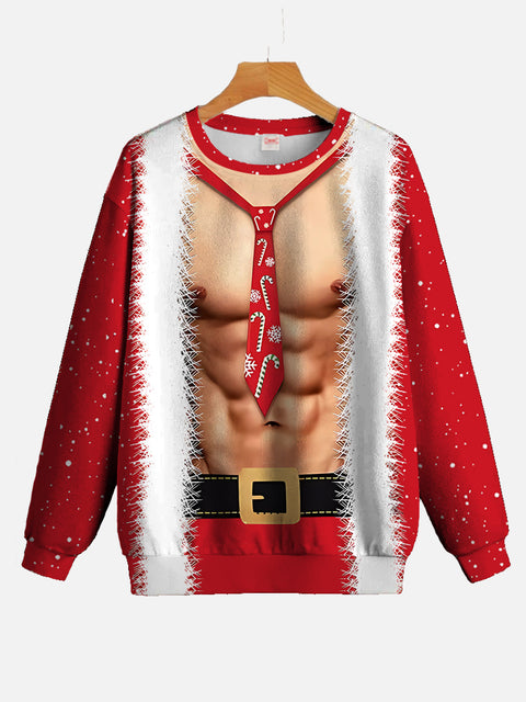 Christmas Santa Claus With Toned Pecs Printing Body Builder Costume Muscle Printing Round Collar Sweatshirt