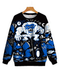 Blue Snowfield Monster And Walrus Printing Round Collar Sweatshirt