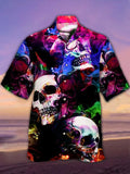 Eye-Catching Neon Smoke Colorful Demon Skulls Printing Cuban Collar Hawaiian Short Sleeve Shirt
