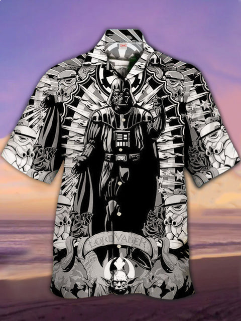Eye-Catching Black And White Space Masked Armed Samurai On The Throne Printing Cuban Collar Hawaiian Short Sleeve Shirt